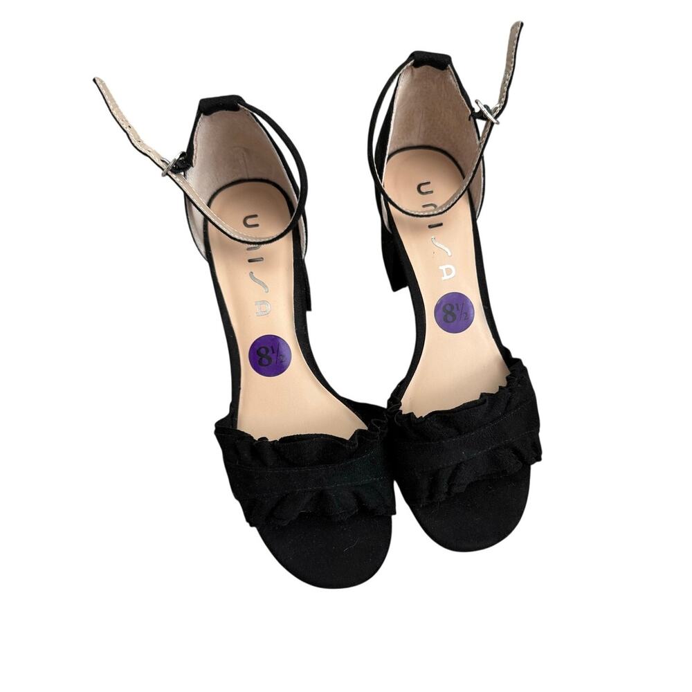 Unisa Black Ruffle Block Heel Sandals Size 8.5